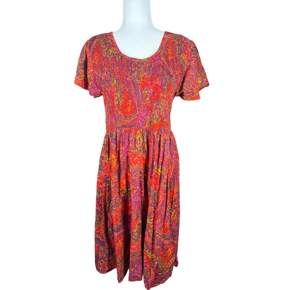 Metropolitan Womens 1X Paisley Smocked Cotton‎ Midi Dress Red Multi Short Sleeve